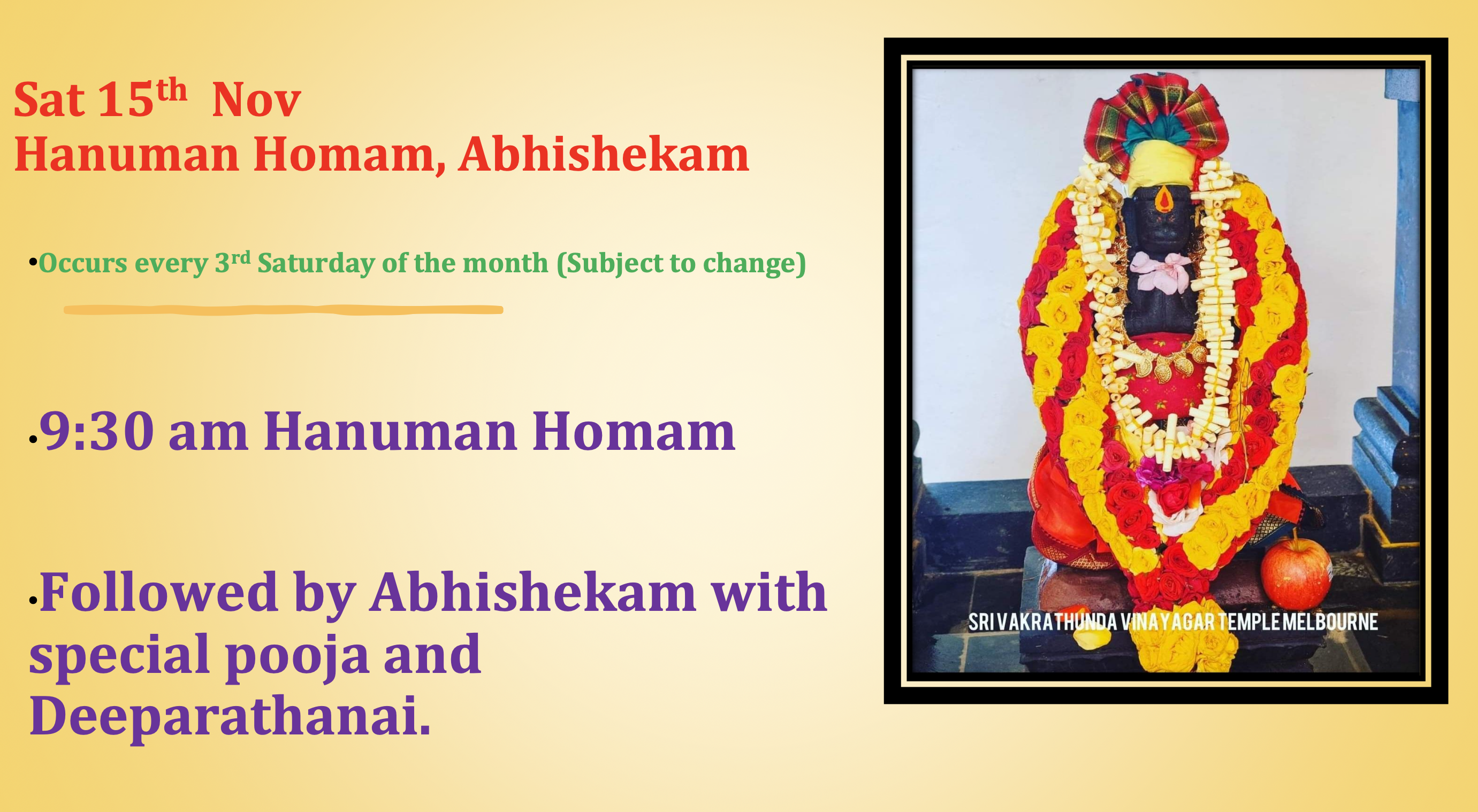 Sat 15th Nov – Hanuman Homam, Abhishekam